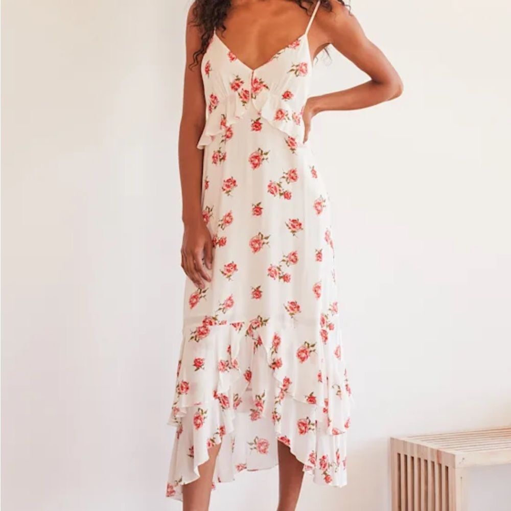 Lulu's Catch Your Breeze White Floral Print Ruffled Midi Dress Womens Size Small